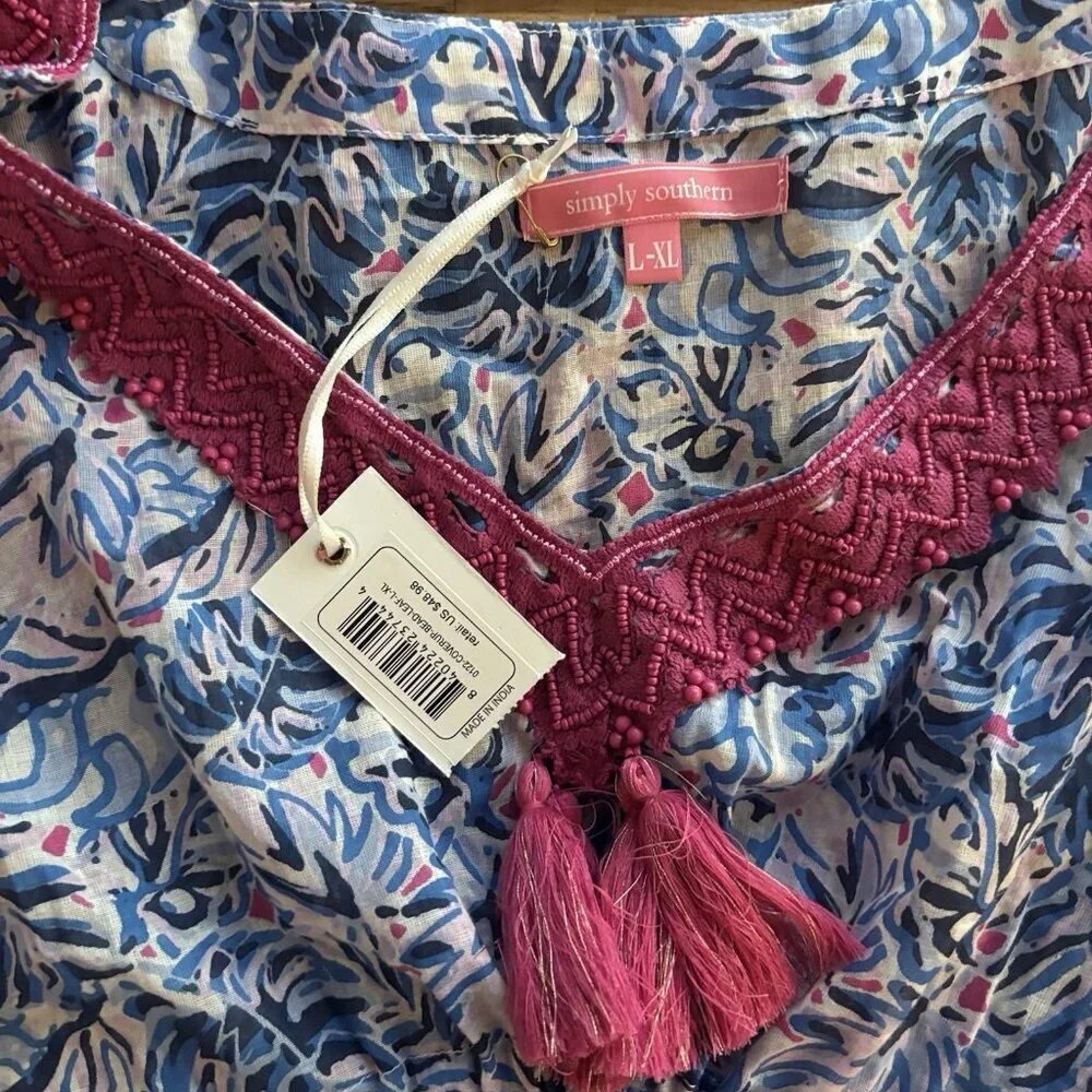 Simply Southern Cover Up‎ Size L -XL Blue Pink Tropical Beach Resort Vacay NEW